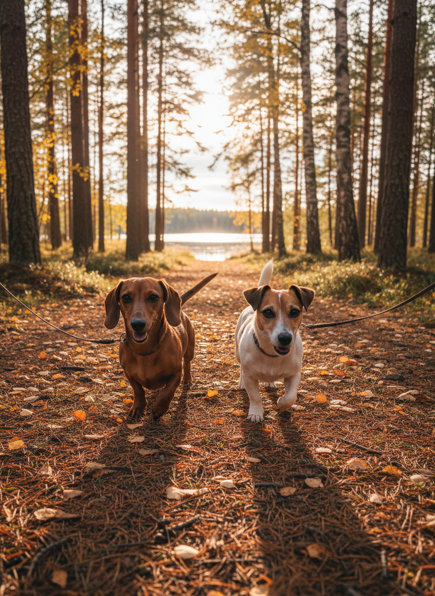 Two small companion dogs, a dachshund and a jack russell terrier, trot side by side on a forest path covered in pine needles and scattered leaves in Alsterbro’s countryside. Their leashes extend out of frame, suggesting careful supervision without showing any humans. Tall Swedish pines and birch trees line the trail, with a serene lake glimpsed between trunks in the distance. Late afternoon golden-hour sunlight filters through the canopy, creating warm highlights on the dogs’ coats and dappled light on the path. Photographic realism, shot from a low, slightly forward angle at the dogs’ eye level, with a moderate depth of field that keeps the dogs crisp while the forest softly melts into the background, evoking active, safe, nature-filled walks.