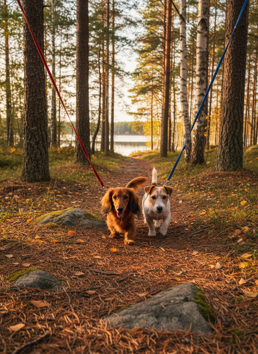 Two small companion dogs, a dachshund and a jack russell terrier, trot side by side on a forest path covered in pine needles and scattered leaves in Alsterbro’s countryside. Their leashes extend out of frame, suggesting careful supervision without showing any humans. Tall Swedish pines and birch trees line the trail, with a serene lake glimpsed between trunks in the distance. Late afternoon golden-hour sunlight filters through the canopy, creating warm highlights on the dogs’ coats and dappled light on the path. Photographic realism, shot from a low, slightly forward angle at the dogs’ eye level, with a moderate depth of field that keeps the dogs crisp while the forest softly melts into the background, evoking active, safe, nature-filled walks.