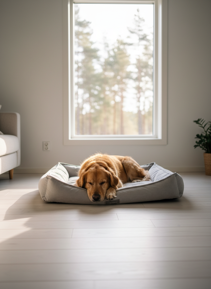 A friendly, medium-sized golden retriever with a well-groomed, shiny coat lies relaxed on a neatly made light-grey dog bed in a bright Scandinavian-style living room. The space has pale wooden floors, white walls, and a large window looking out toward a hint of Swedish forest. Soft morning daylight floods in, creating gentle highlights on the dog’s fur and soft shadows under the bed. Toys and extra beds are absent to emphasize that only this single dog is being cared for. Photographic realism, eye-level composition with a shallow depth of field keeps the dog in crisp focus while the background is softly blurred, conveying a calm, professional, secure atmosphere ideal for a trusted dog-sitting service.