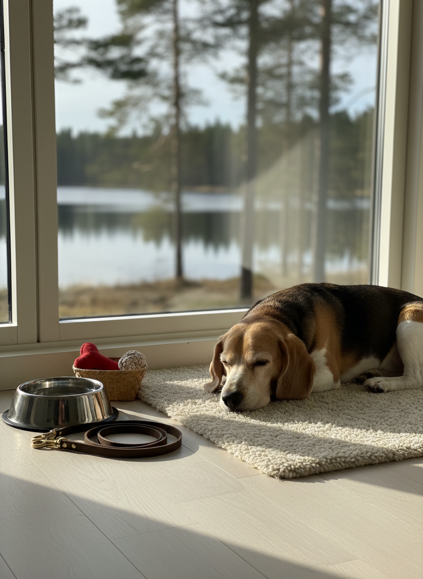 A calm senior beagle rests contentedly on a soft beige rug beside a large window that overlooks a serene Alsterbro lake and pine forest. Beside the dog sits a neatly arranged station: a stainless-steel water bowl, a small basket with a couple of toys, and a folded leash, all indicating attentive, individualized care. Soft late-morning natural light streams in through the window, creating gentle highlights on the dog’s fur and subtle reflections on the water bowl. The interior has a clean, minimalist Scandinavian style with light wooden flooring and white trim. Photographic realism, eye-level composition with the beagle placed on the rule of thirds line, and a slightly blurred lakeside view outside, emphasizing a peaceful, safe, and professional environment for older or calm dogs needing quiet stays.