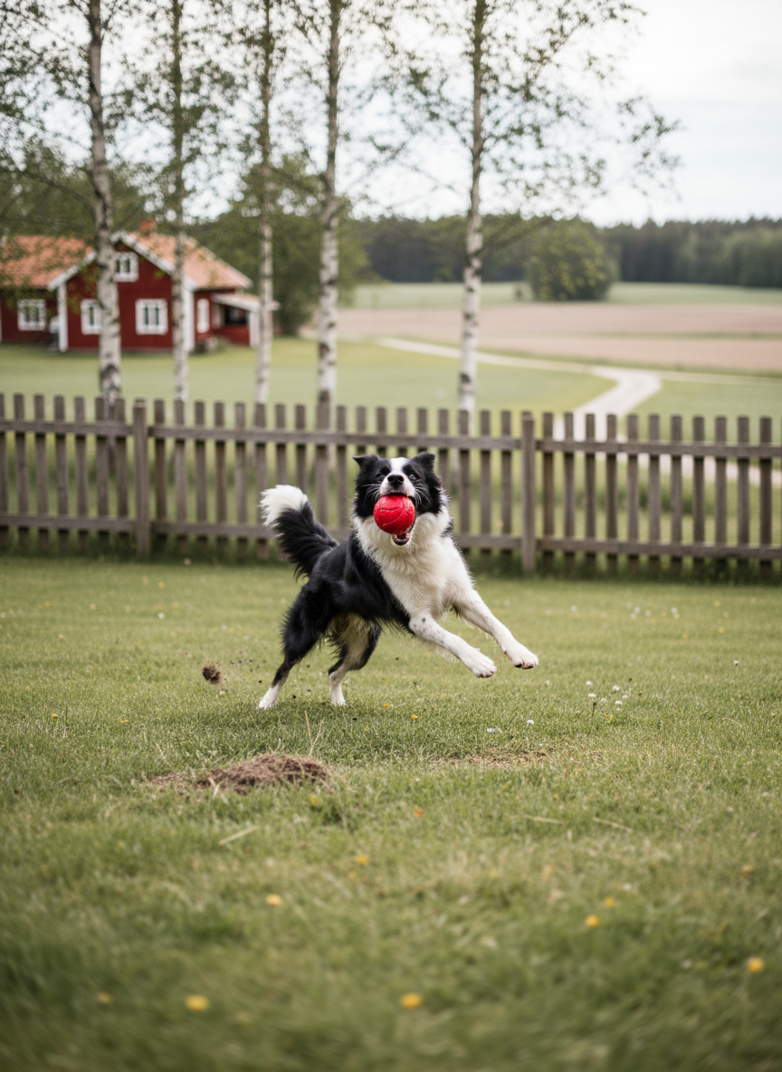 An energetic border collie mid-play in a fenced, grassy backyard in rural Kalmar län, captured just as it catches a bright red rubber ball in its mouth. The lush green lawn is bordered by simple wooden fencing and a backdrop of Swedish countryside: scattered birch trees, a hint of red-painted farmhouse, and distant rolling fields. Overcast daylight provides soft, even illumination without harsh shadows, highlighting the dog’s black-and-white coat and the texture of the grass. Photographic realism, shot with a fast shutter aesthetic that freezes motion, from a low, slightly tilted angle to enhance dynamism. Shallow depth of field keeps the dog and ball in sharp focus while the background is gently blurred, evoking joyful, high-quality playtime during dog sitting.