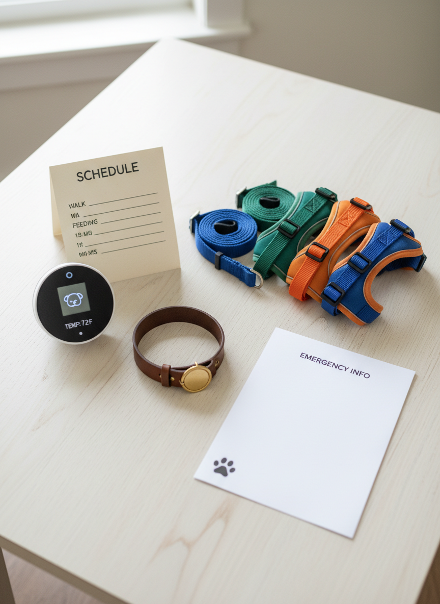 A small group of labeled items carefully laid out on a light wooden table, representing professional dog-sitting preparation: a handwritten schedule card with times for walks and feeding (no visible handwriting language), a digital pet monitor device, a set of color-coded leashes and harnesses for different sizes, and a neatly folded emergency information sheet with a discreet paw-print icon. A single, empty dog collar with a brass tag lies in the center, symbolizing one owner’s dog at a time. Soft overhead daylight from a nearby window casts even, natural illumination, with subtle shadows under each object. Photographic realism, shot from a slightly elevated top-down angle with sharp focus throughout, minimalist background, and a calm, organized mood that communicates reliability, planning, and professional responsibility in dog care.
