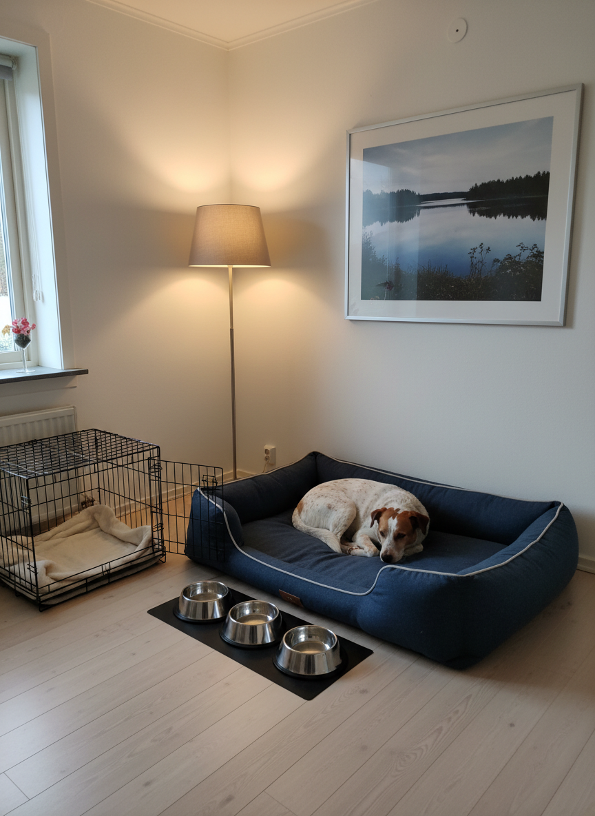 A cozy, dedicated dog guest room in a Swedish home, prepared for an overnight stay, featuring a large, plush dark-blue dog bed with raised edges, an organized row of stainless-steel food and water bowls, and a small open crate with a soft blanket inside. A single, medium-sized mixed-breed dog with a speckled coat rests comfortably on the bed, looking relaxed and secure. The room has light wooden floors, white walls, and a large framed landscape photo of Alsterbro’s lakes on the wall. Warm, diffused evening light from a shaded floor lamp creates a homely glow, with soft shadows adding depth. Photographic realism, eye-level composition, balanced framing conveying professional yet homelike overnight dog care for one owner’s dog at a time.