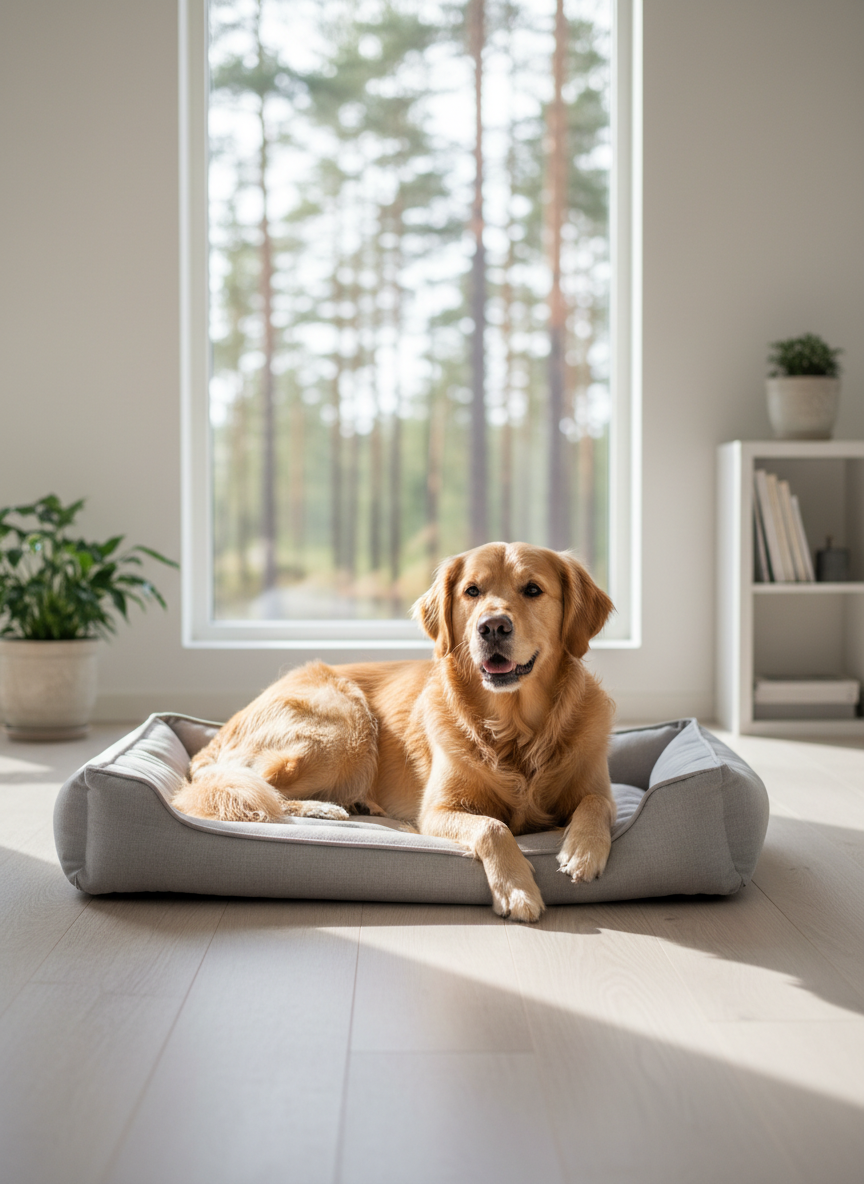 A friendly, medium-sized golden retriever with a well-groomed, shiny coat lies relaxed on a neatly made light-grey dog bed in a bright Scandinavian-style living room. The space has pale wooden floors, white walls, and a large window looking out toward a hint of Swedish forest. Soft morning daylight floods in, creating gentle highlights on the dog’s fur and soft shadows under the bed. Toys and extra beds are absent to emphasize that only this single dog is being cared for. Photographic realism, eye-level composition with a shallow depth of field keeps the dog in crisp focus while the background is softly blurred, conveying a calm, professional, secure atmosphere ideal for a trusted dog-sitting service.
